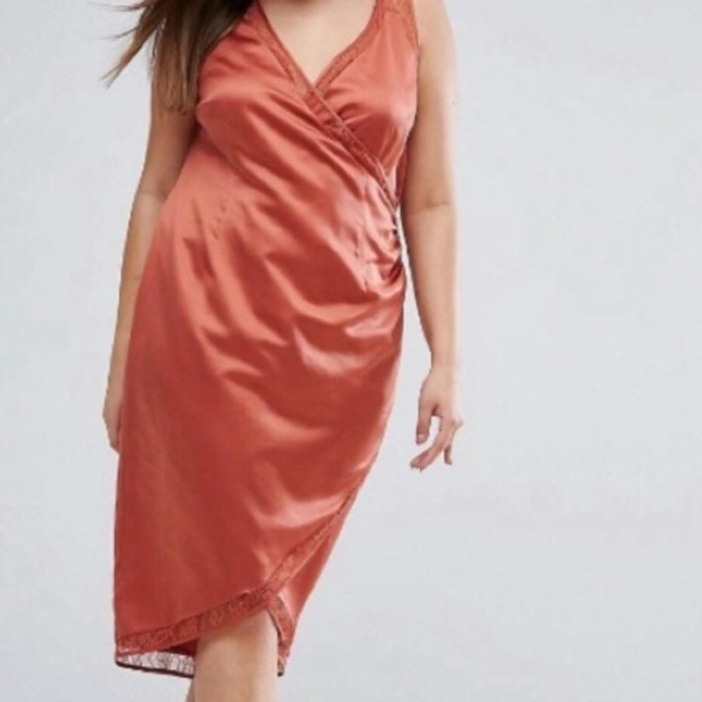 ASOS Curve Satin Wrap Midi Dress in Rust